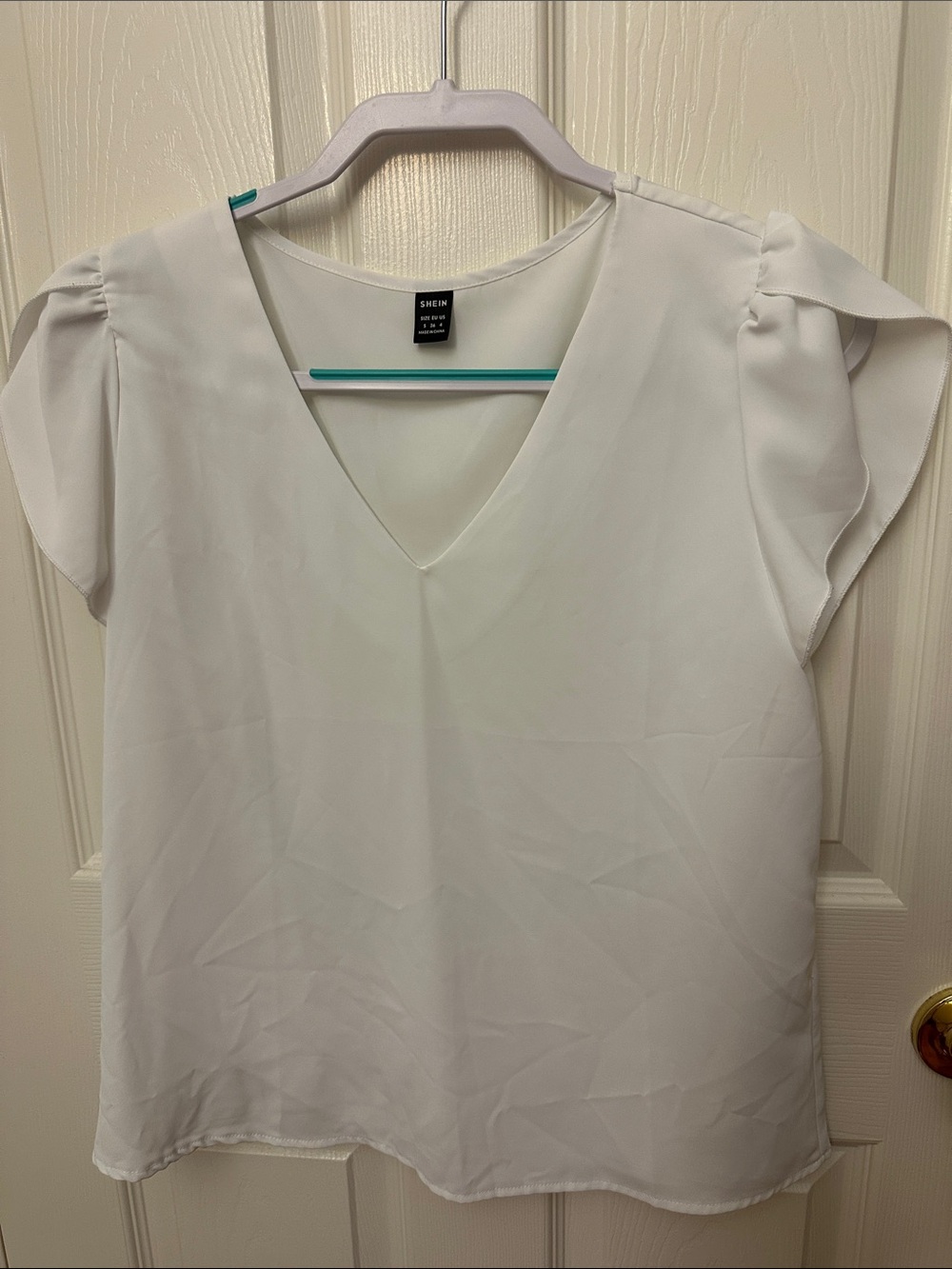 SHEIN White V-Neck Flutter Sleeve Blouse